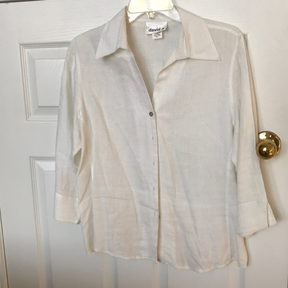 💯% linen cool ivory button down 3/4 sleeve shirt